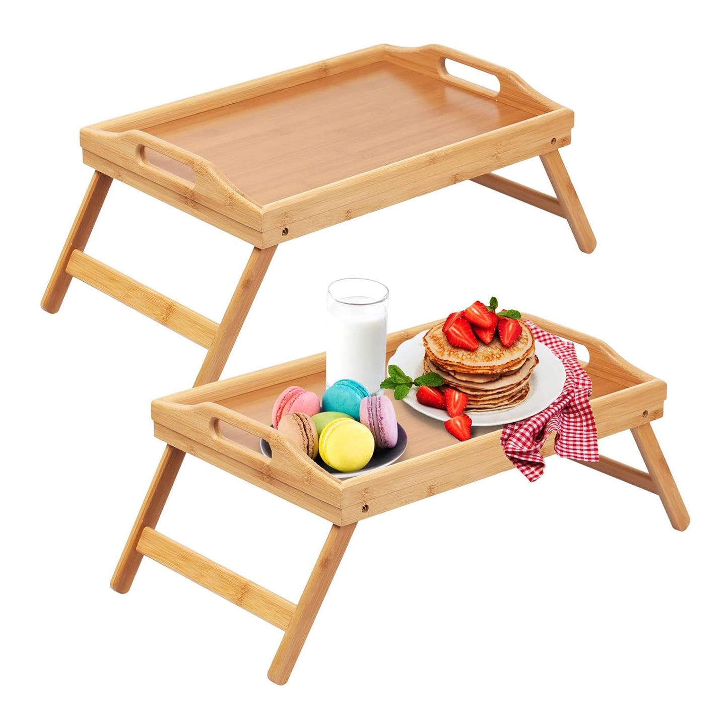 Artmeer Bed Tray Table with Foldable Legs,Bamboo Breakfast Tray with Handles Ideal for Sofa, Bed, Eating,Working,Used As Laptop Desk Snack Tray 2 Pack Bamboo