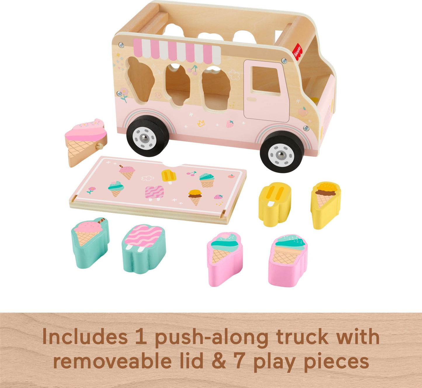 Fisher-Price Toddler Shape Sorting Playset Wooden Ice Cream Truck, 8 Wood Pieces for Developmental Play Ages 18+ Months (Amazon Exclusive)