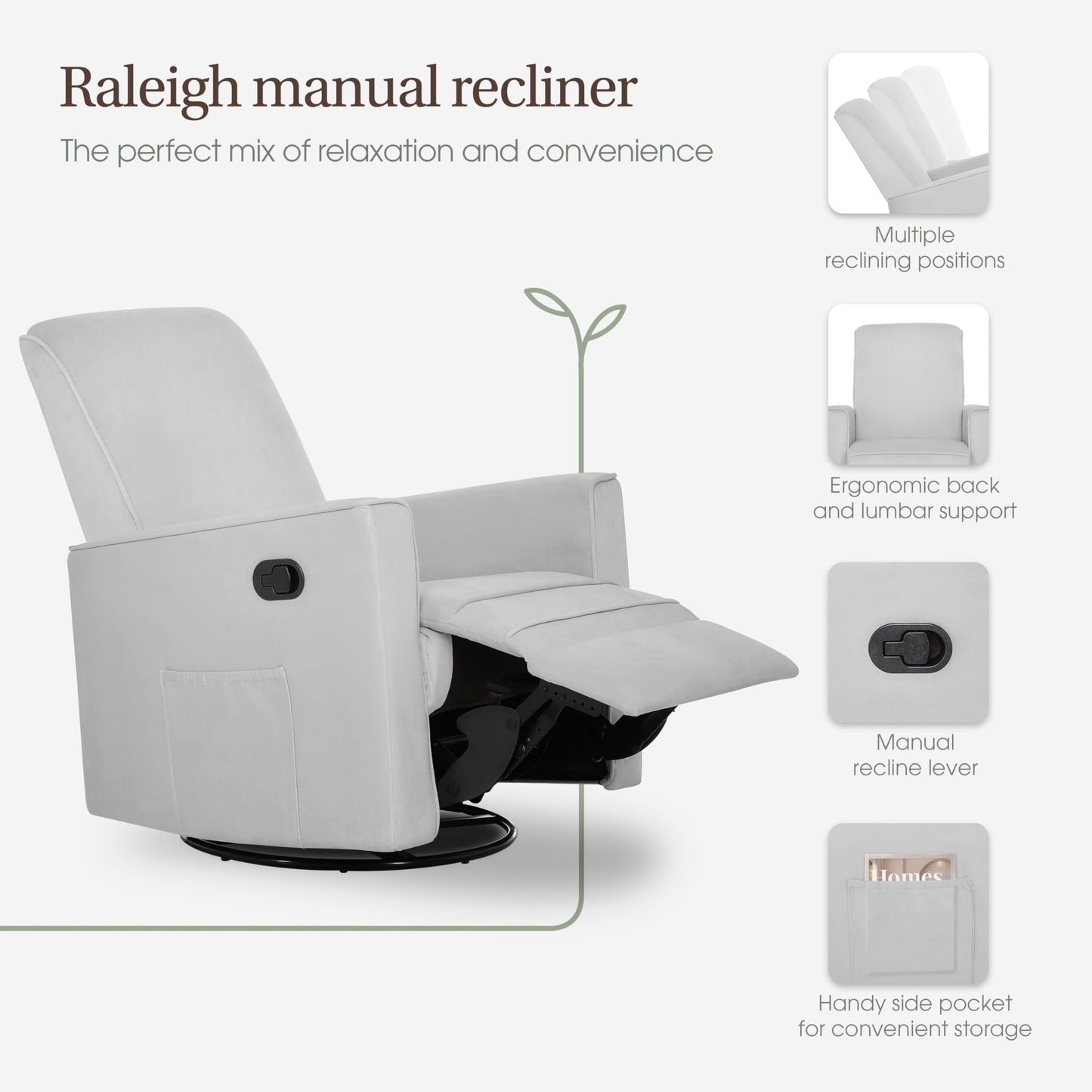 Evolur Raleigh Upholstered Manual Glider Recliner– Rocking & 360° Swivel with Smooth Glide – Greenguard Gold & FSC Certified – Modern Nursery and Living Room Chair in Grey