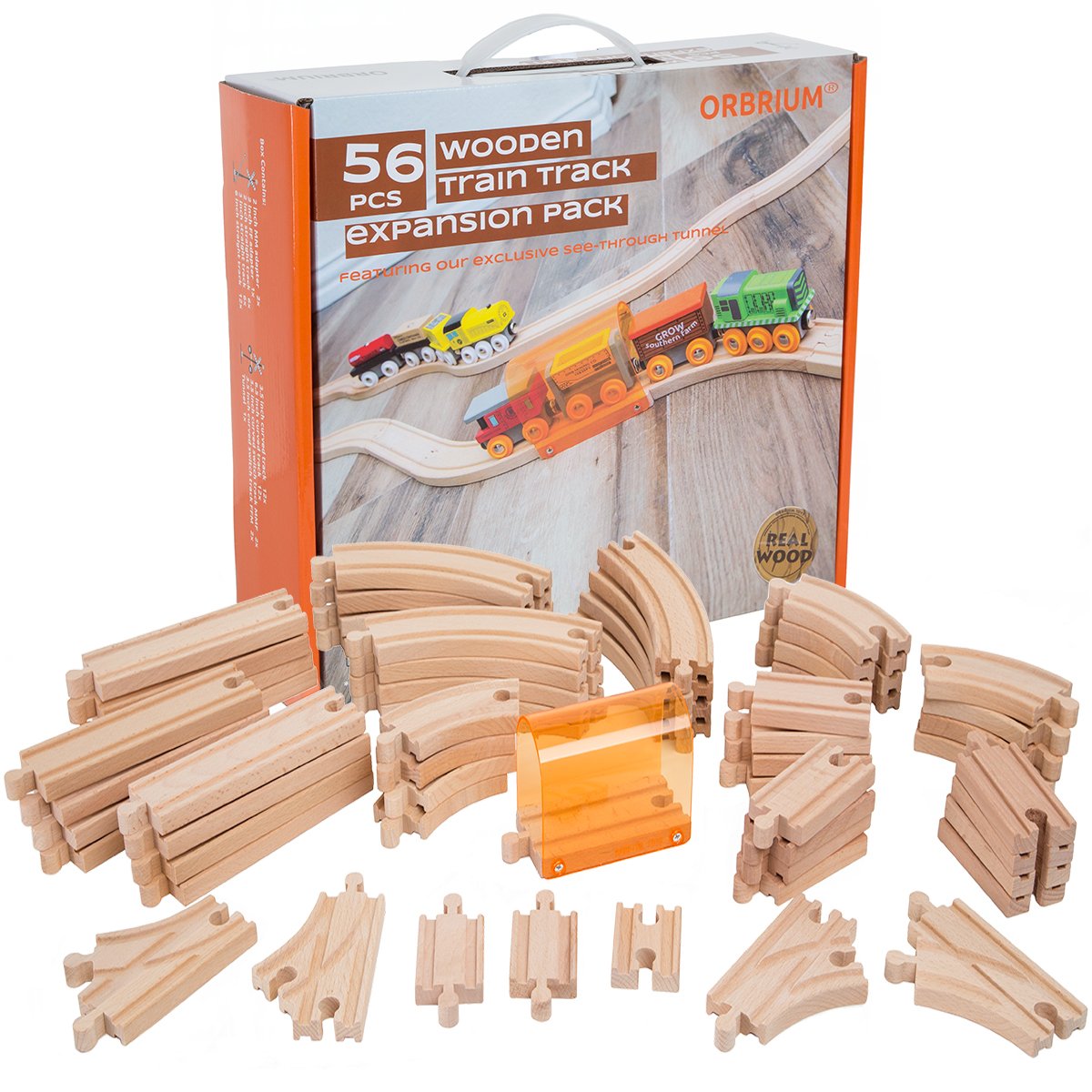 56 Piece Wooden Train Track Expansion Pack with Tunnel Compatible Thomas Wooden Railway Brio Chuggington Imaginarium Set by Orbrium Toys.
