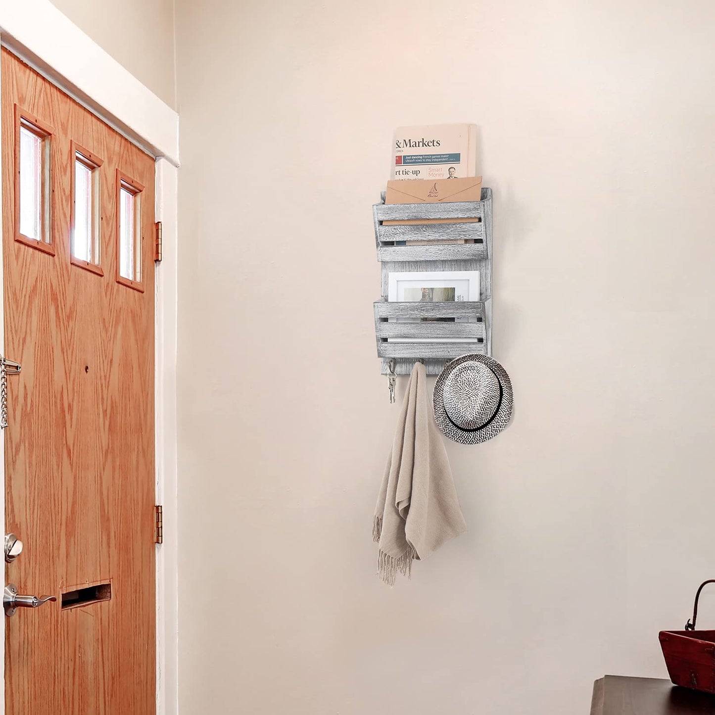 BTY Mail Sorter Wall Mounted, Wooden Mail Holder with 4 Key Hooks, 2 Slot Letter Bills Newspaper Magazine Organizer for Entryroom Hallway Office Garage, Gray White