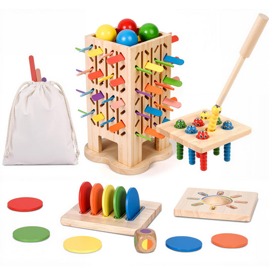 SKYAMBITION Montessori Toys Wooden Board Games for Kids 4-6, 5-in-1 Fine Motor Skills Educational Games for 3 4 5 6 Year Olds, Colorful Wooden Stick Game with Dice, Family Travel Games for Boys Girls
