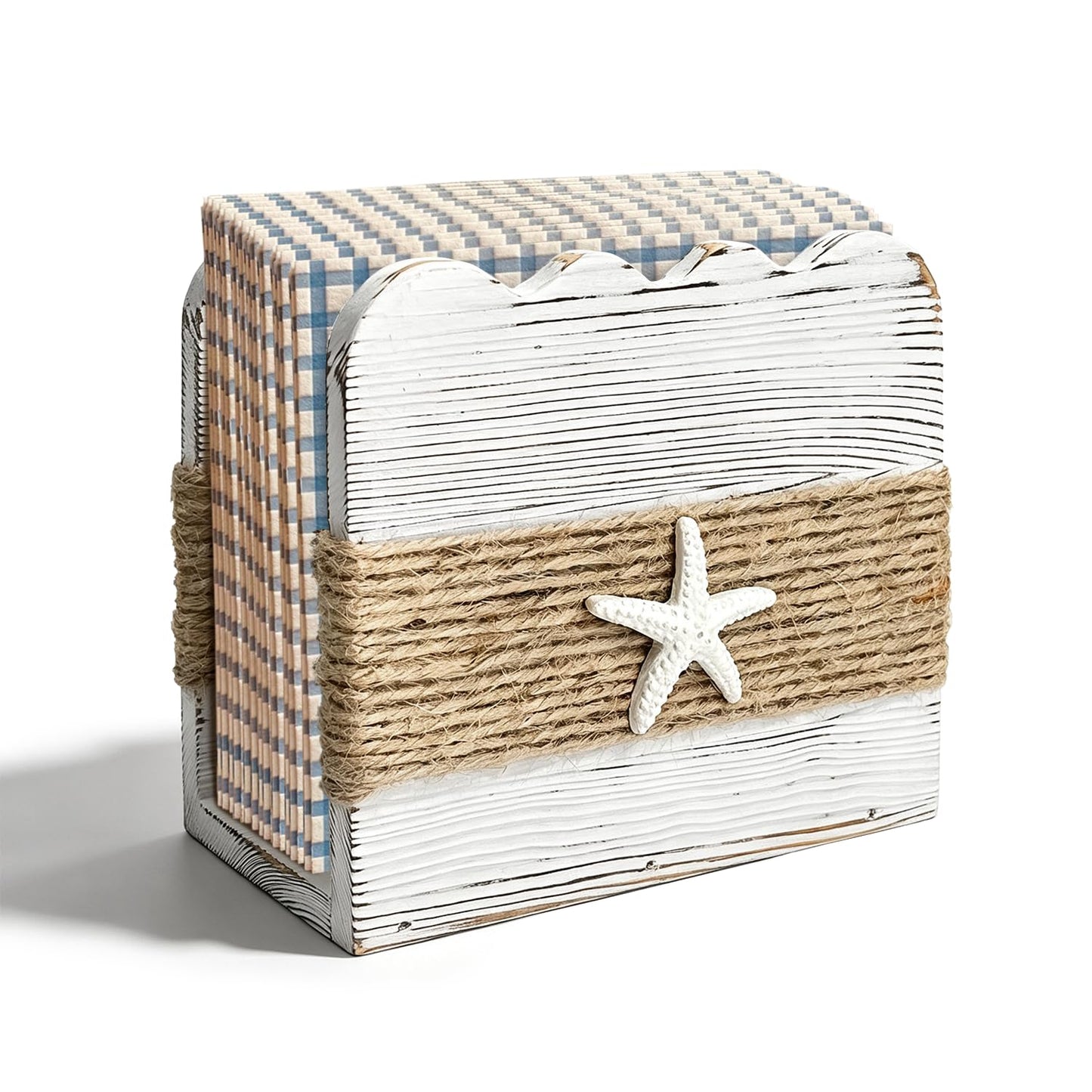Natural Wooden Napkin Holder for Table – Farmhouse Upright Tissue Waves Dispenser, White Beach Theme Decor for Kitchen Dining Room, Indoor & Outdoor Use