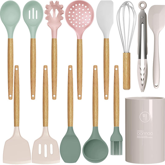 oannao Silicone Cooking Utensils Set - 446°F Heat Resistant Silicone Kitchen Utensils for Cooking,Kitchen Utensil Spatula Set w Wooden Handles, BPA FREE Gadgets for Non-Stick Cookware (Colorful)