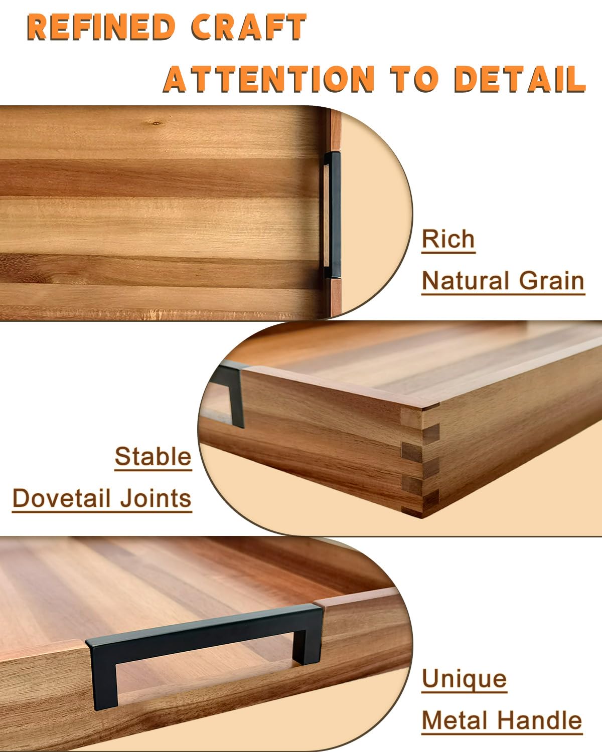 OurMiao 22" x 15.75" Acacia Wood Serving Tray with Metal Handles, Extra Large Wooden Rectangular Ottoman Tray for Living Room, Ottoman Coffee Table, Coffee Station