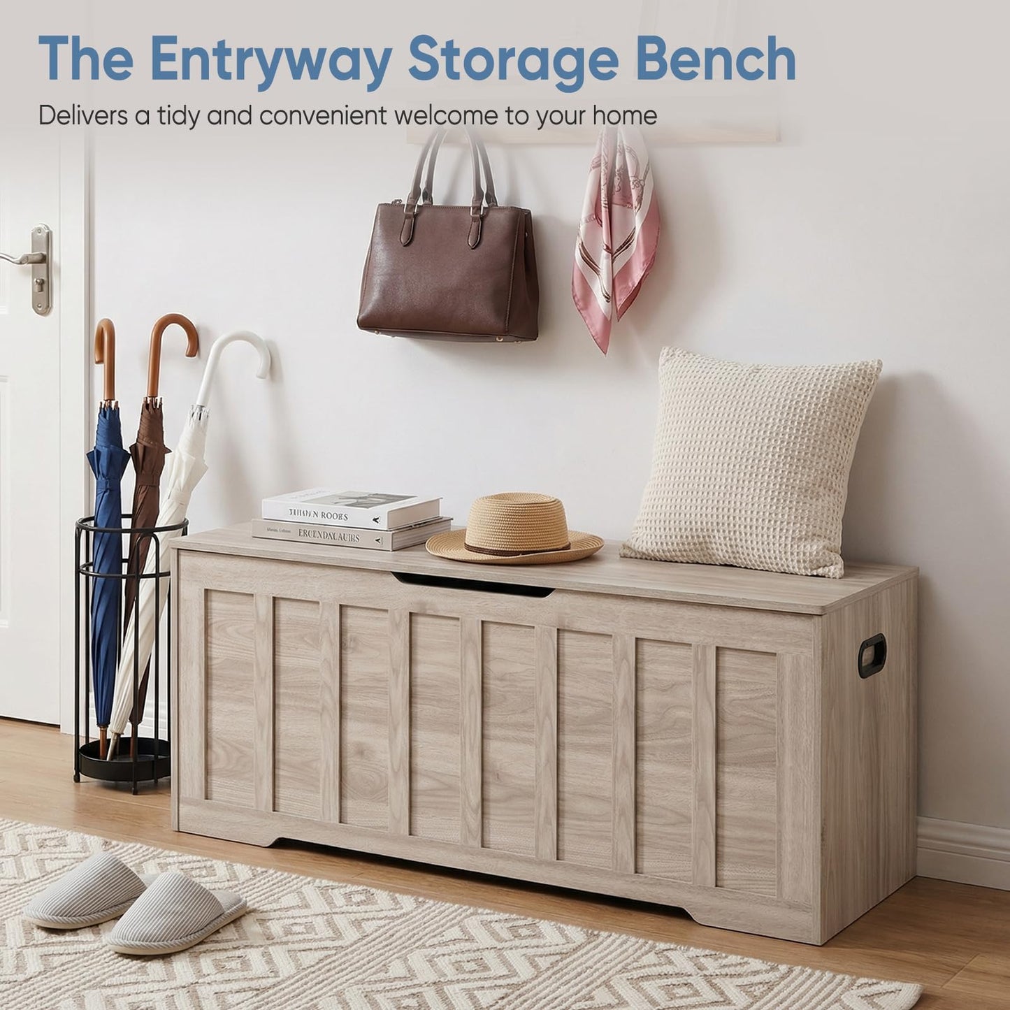 DUMOS 47.2" Extra Large Wooden Storage Chest Trunk Bench with Gel Safety Hinges, 150lbs Heavy Organizer, U-Cut Handles, Non-Slip Base, Bedroom Living Room Entryway, Grey