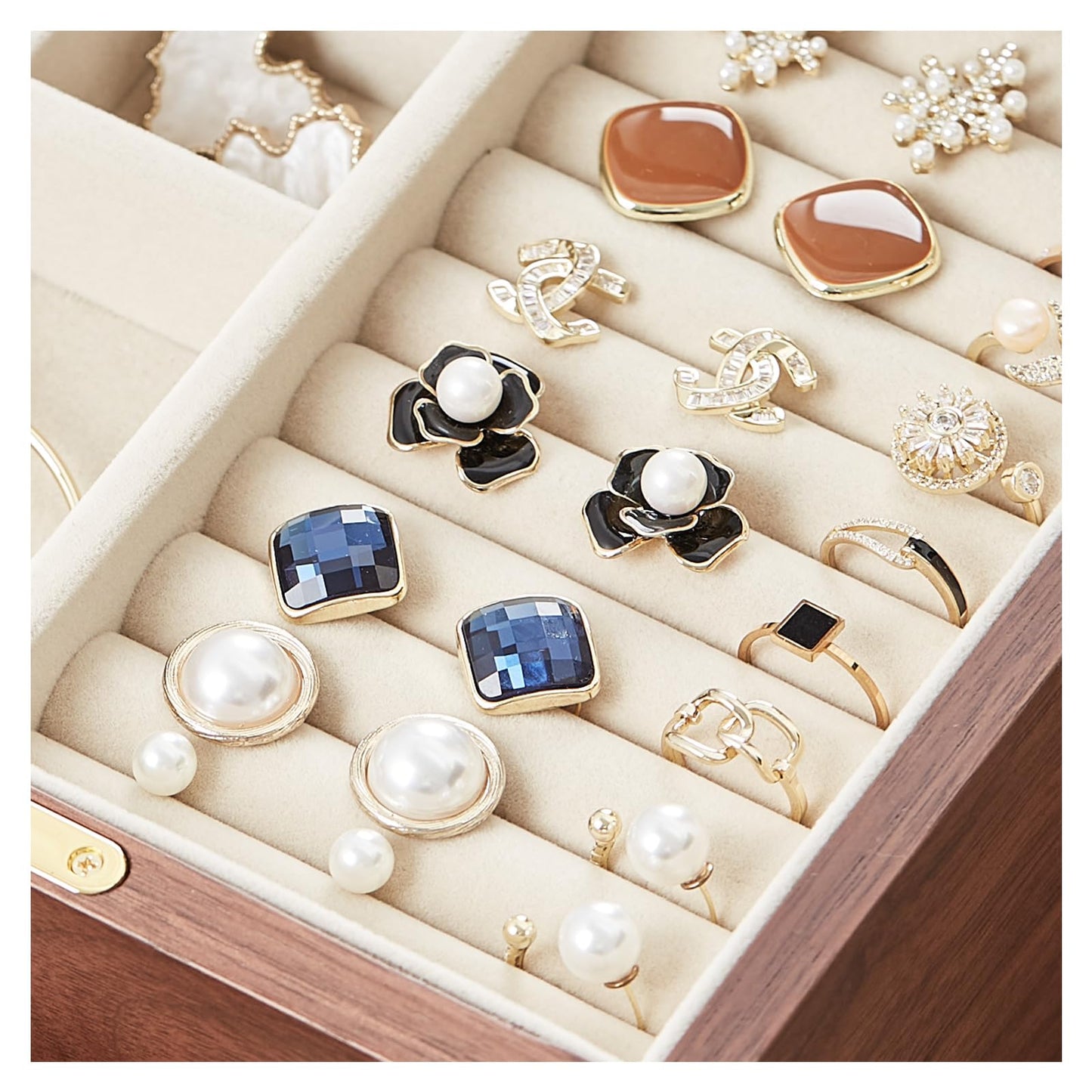 CHOSIN Black Walnut Wooden Jewelry Box Women large 5 Level Drawer Organizer Box with Glass Lid for Necklaces Watch Necklace Ring Earring Storage, Ideal Gift for Her, Fathers Day Gift
