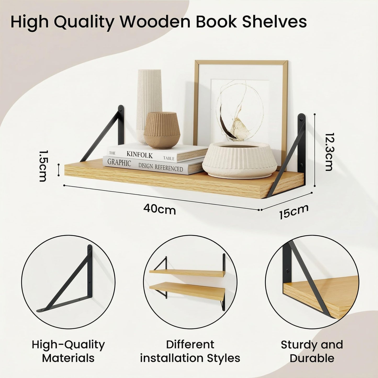 Feihorrm Book Shelf Set of 3, 16 inch Wall Mounted Bookshelf with Metal Brackets, Wall Shelves, Oak Book Shelves, Shelves on Wall, Wooden Bookshelves for Bedroom & Living Room