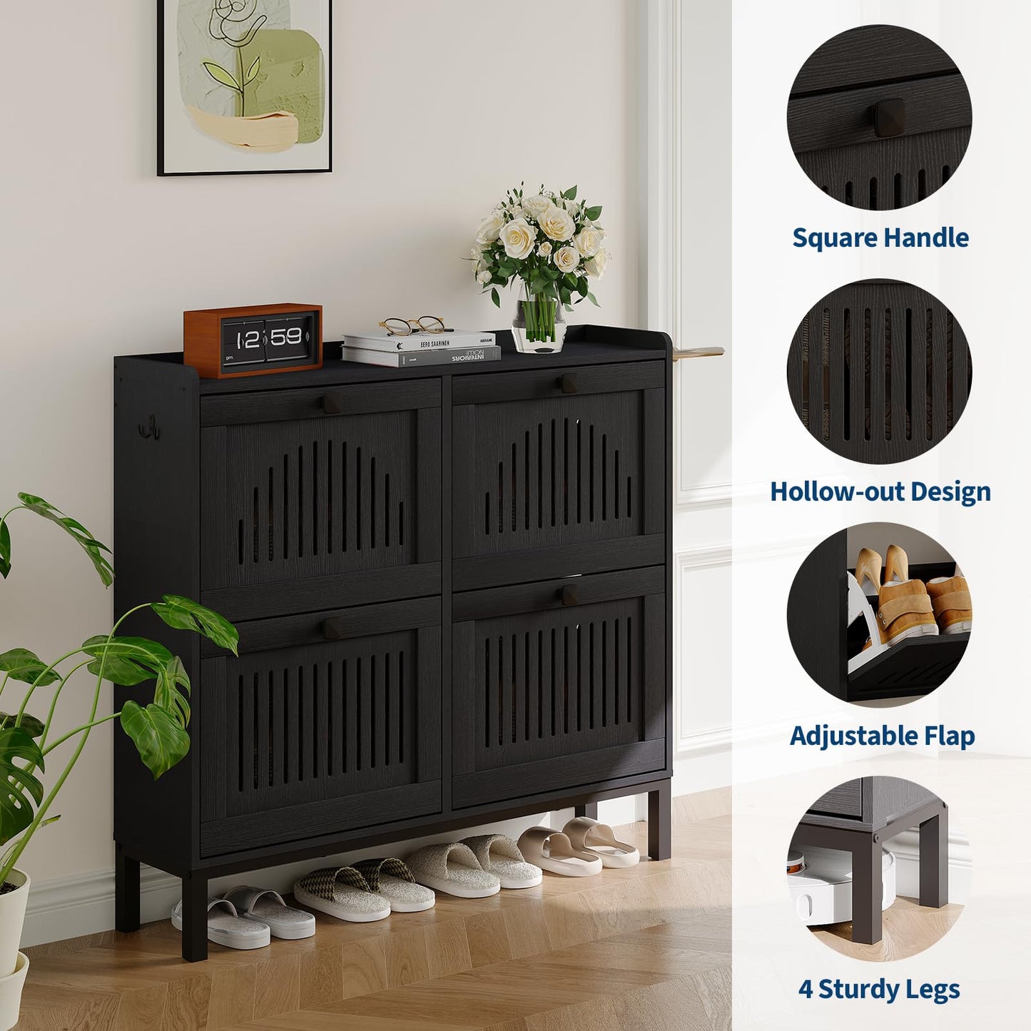 4-Door Flip Front Shoe Cabinet with Adjustable Shelves – Hidden Entryway Storage Organizer for Hallway, Foyer, Living Room – Freestanding Wooden Shoe Rack with Large Capacity & Modern Design, Black