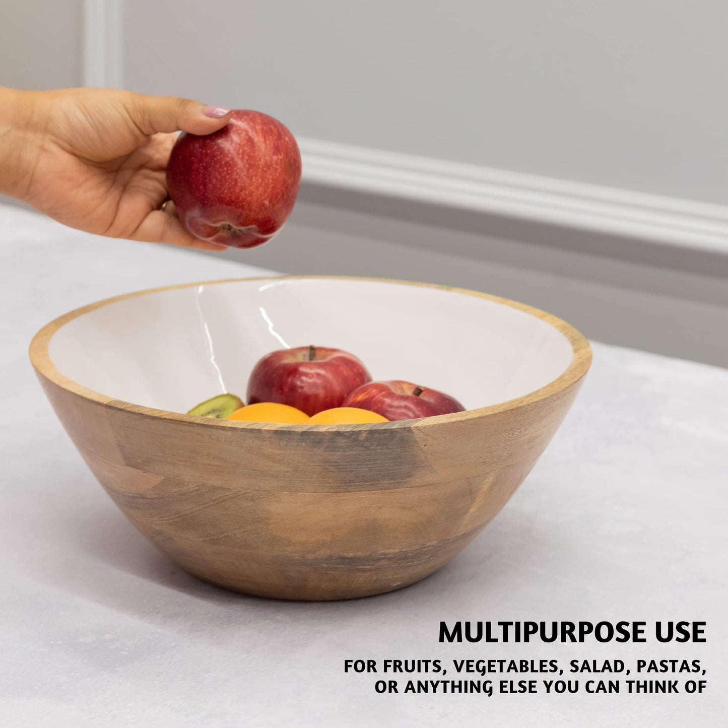 Folkulture Salad Bowls or Wooden Bowls with Salad Servers, Large Serving Bowl or Fruit Bowl, Wooden Salad Bowl Set for Mixing or Tossing, 12" D x 5" H, Mango Wood, White