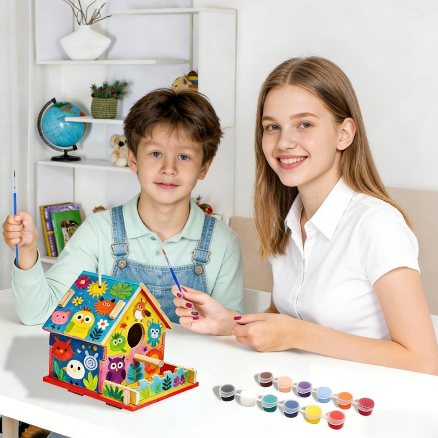 4 Pack DIY Birdhouse Kit to Build and Paint for Birthday Gifts, Unfinished Wooden Bird Houses for Outdoors with Paints Brushes and Hanging Chain, Fun Classroom Activity for Crafts Arts Project
