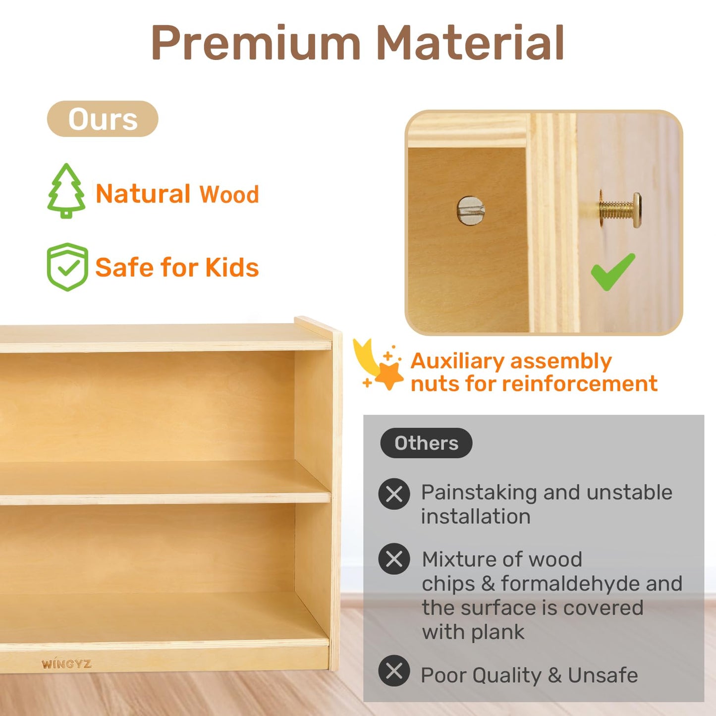 WINGYZ Wooden Storage Cabinet, 2-Tier Kids Toy Storage Organizer, Spacious Montessori Kids Bookshelf, Toy Shelf Storage Organizer for Playroom Classroom Nursery Study Room Living Room