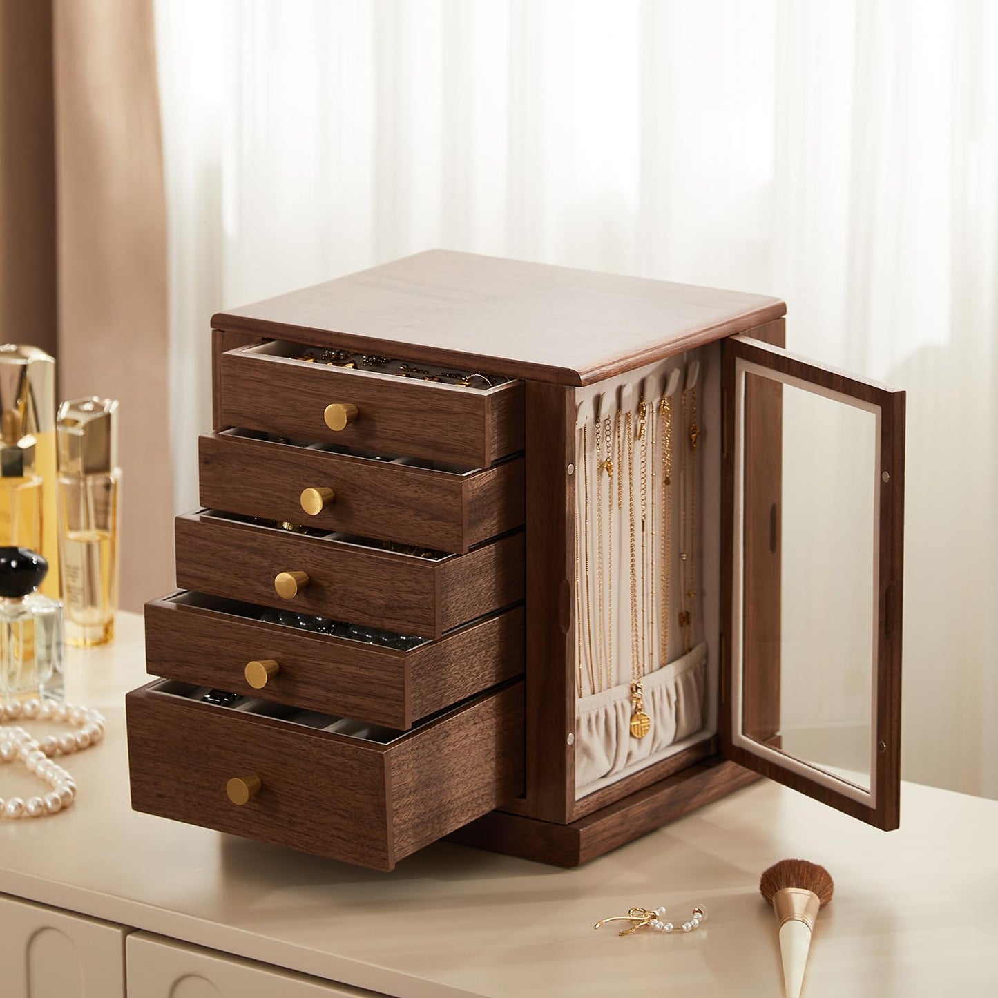 CHOSIN Black Walnut Wooden Jewelry Box, 360° Rotating Organizer with Glass Lid, 5 Drawers for Earrings, Rings, Necklaces – Vertical Jewelry Storage for Women, Ideal Gift for Her, Fathers Day Gift