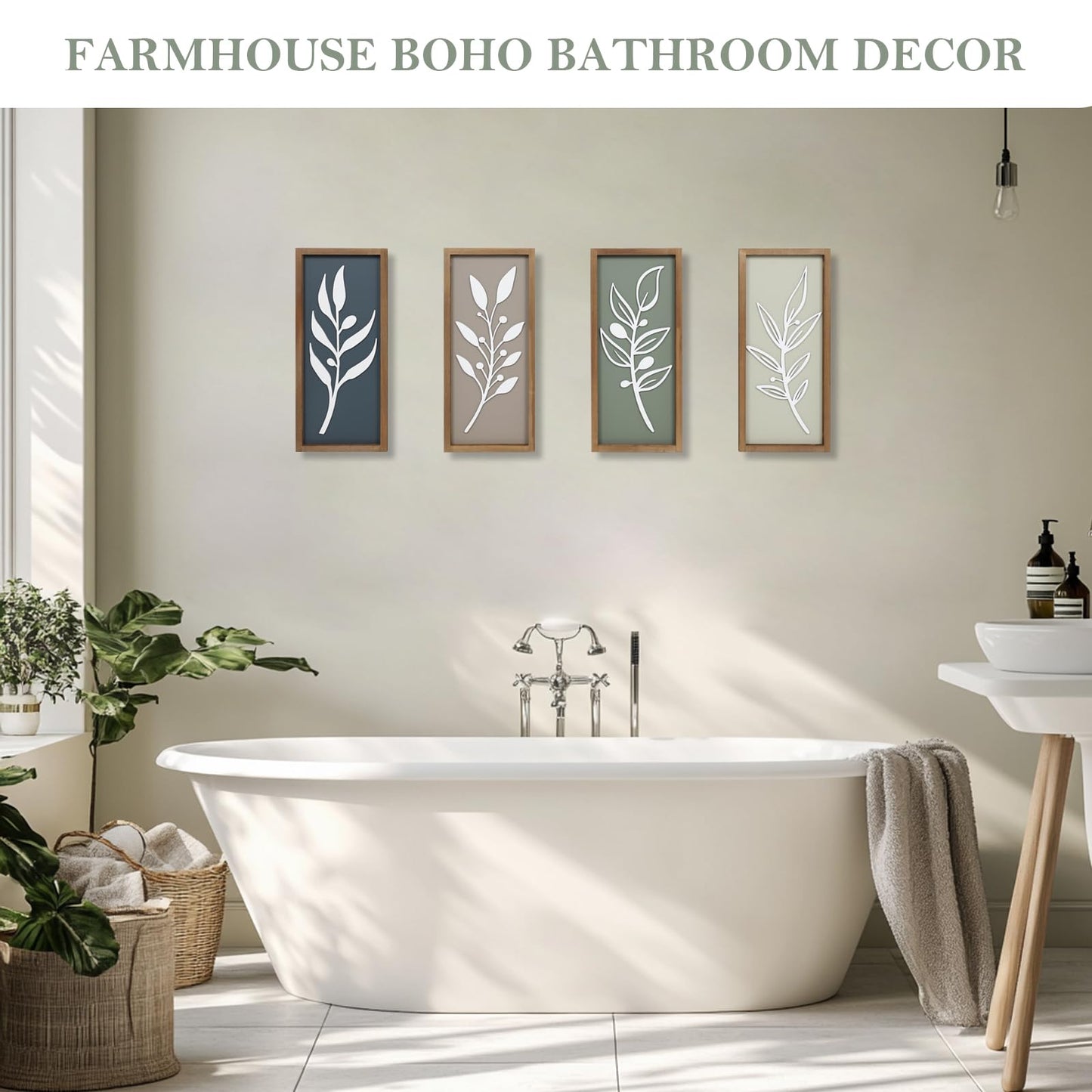 3D Tree Leaf Wooden Framed Boho Wall Art (Set of 4) Lightweight, Minimalist Botanical Farmhouse Bathroom Wall Decor For Living Room Bedroom Kitchen Office Hallway Decorations