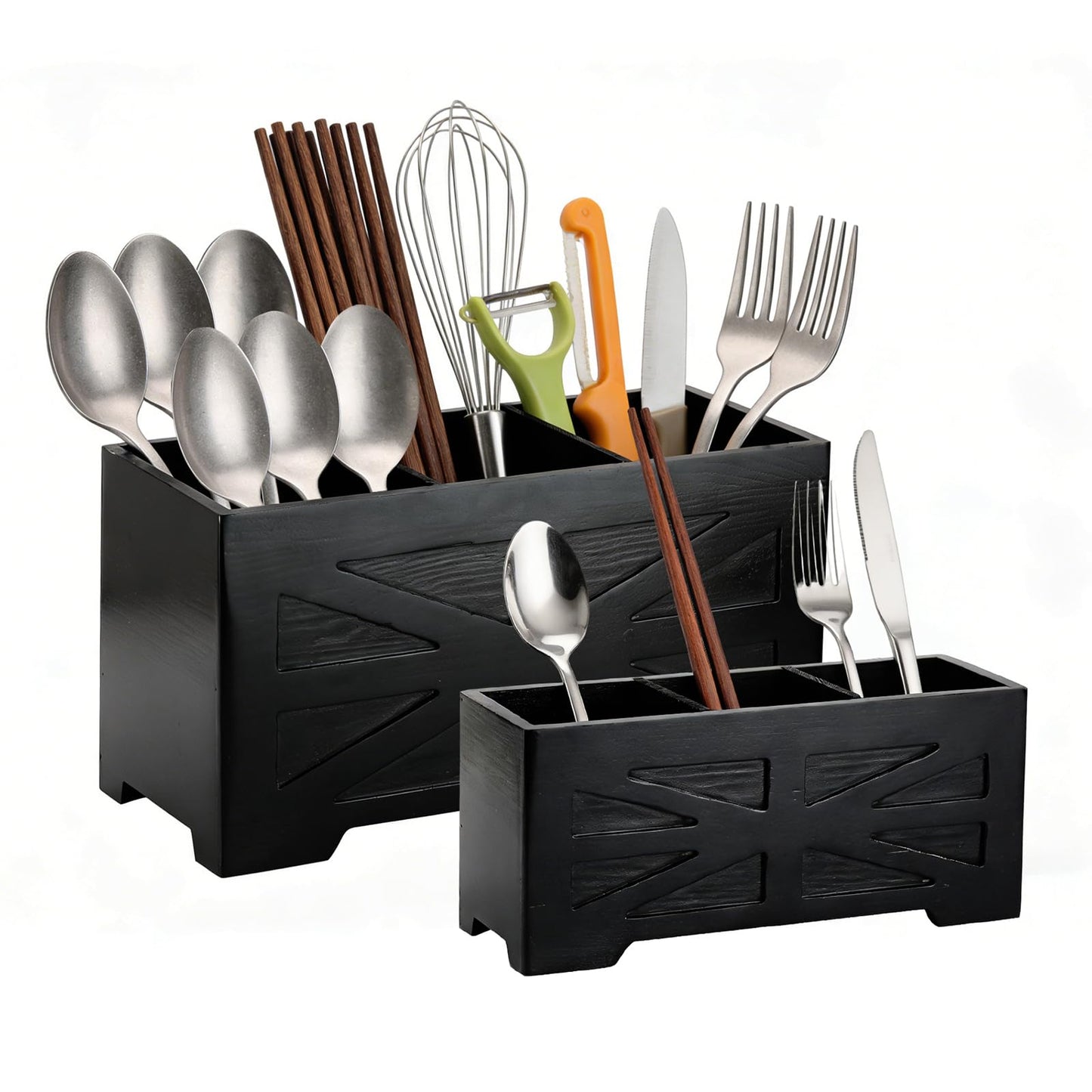 PEKER Wooden Utensil Holder, Black Kitchen Countertop Organizer with Removable Divider, 3 Compartments Pine Wood Utensil Crock with Drainage Hole & Non-Slip Base, 2 Pack