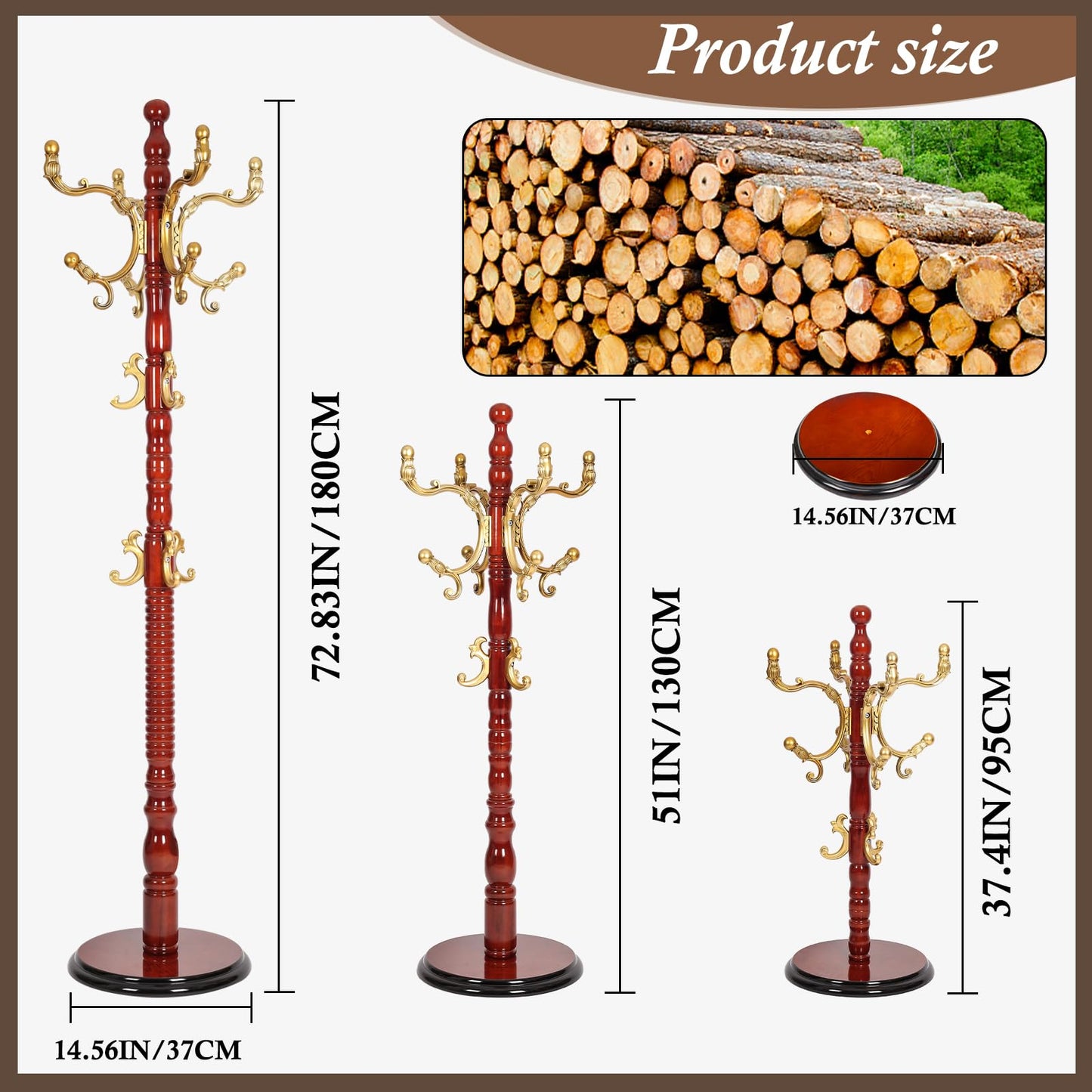 VKETU Wooden Coat Rack Freestanding, Vintage Coat Racks with Sturdy Round Base, Adjustable Height 37.40"-72.83" Entrance Coat Rack for Bedroom Living Room Entryway (Solid wood Begonia)