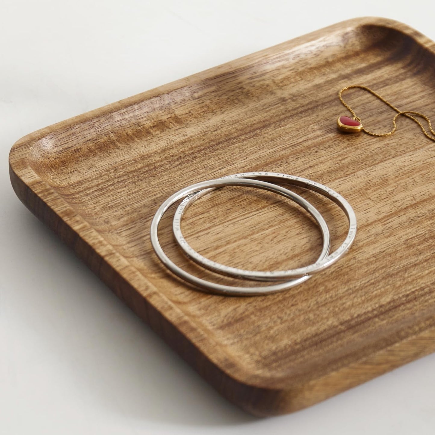 THFLSTR Solid Acacia Wood Key Tray and Bowl for Entryway Table - Jewelry Tray With 3 Hooks, Open Storage for Wallet, Glasses, Watches, Lipstick (Acacia, Square)