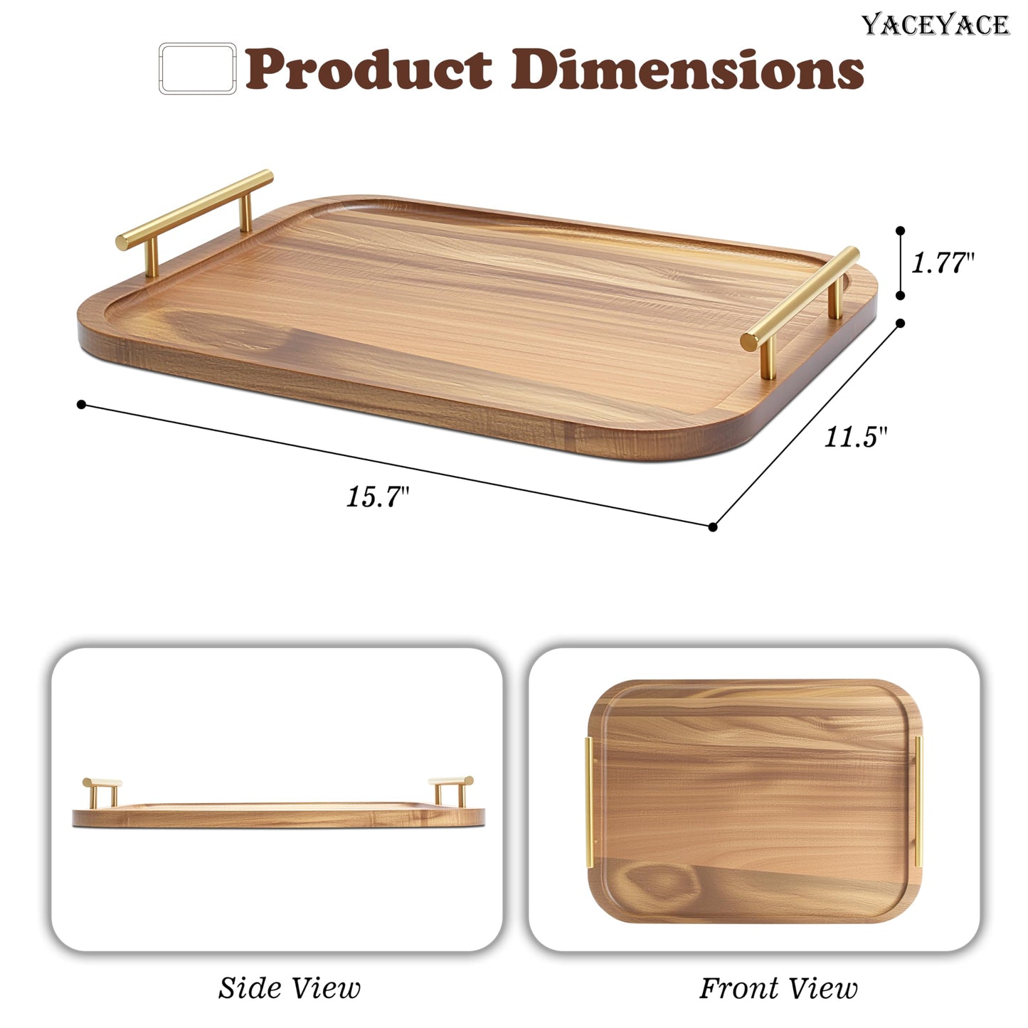YACEYACE Large Wooden Tray, 15"x11.4"x1.75" Large Wood Trays with Metal Handles, Serving Tray for Kitchen Counter, Breakfast, Ottoman Coffee Table