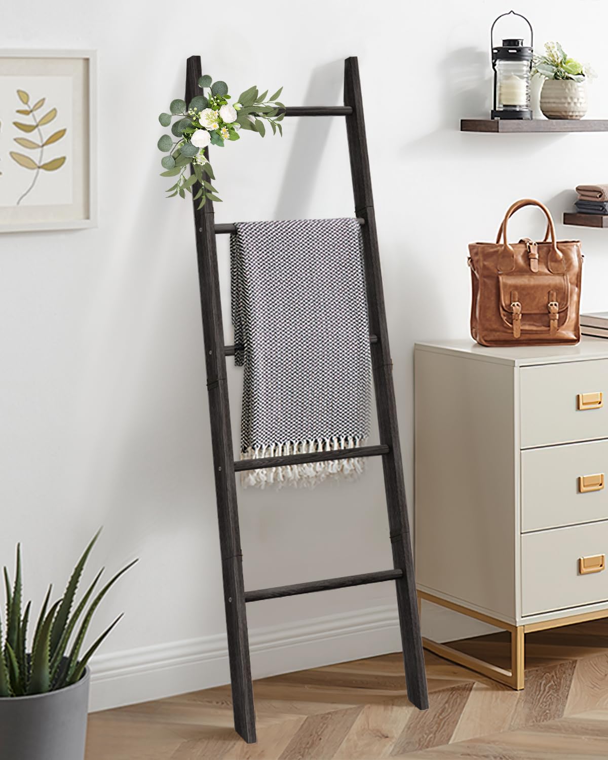 XLHOMO 5-Tier Wooden Blanket Ladder, 63" Rustic Leaning Blanket Rack for Living Room, Decorative Quilt and Towel Holder for Bedroom Bathroom Farmhouse Home Decor, Black