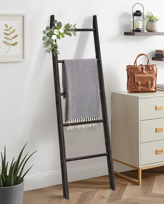 XLHOMO 5-Tier Wooden Blanket Ladder, 63" Rustic Leaning Blanket Rack for Living Room, Decorative Quilt and Towel Holder for Bedroom Bathroom Farmhouse Home Decor, Black