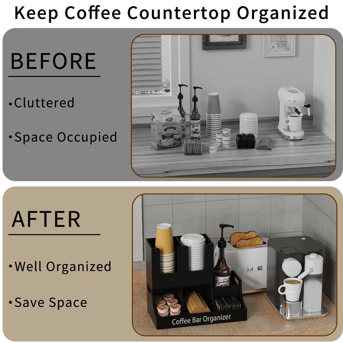 Busidhji Coffee Station Organizer, Wooden Coffee Bar Organizer for Countertop, Condiment and Cup Storage Organizer, Bar Accessories for Kitchen, Office, Home, Small Black