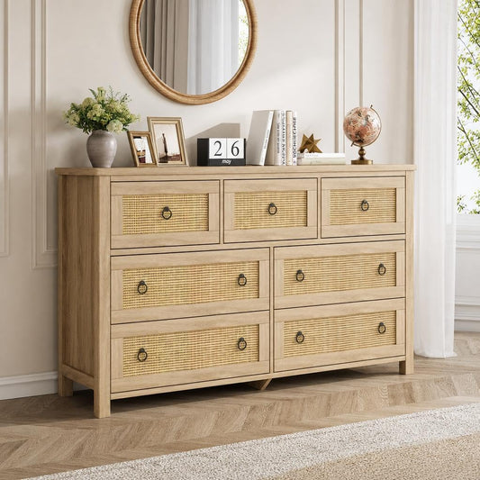 Garvee 7 Drawer Dresser, 54" Wide Rattan Chest, Natural Oak Finish