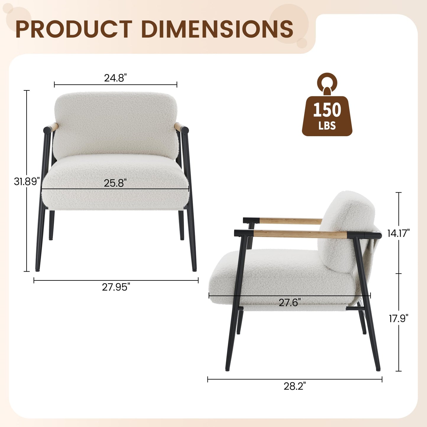 GarveeHome Comfy Chair, Modern Accent Chair with Metal Frame, Cozy Reading Chair with Soft Cushion & Wood Armrest for Bedroom, Living Room, White