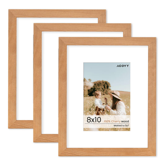 8x10 Picture Frame, Solid Wood Cherry Wood Photo Frame 8 x 10 with Tempered Real Glass, 8x10 Frame Matted to 5x7, Rustic Wooden Frame 8 by 10 for Wall & Tabletop Display (Natural Cherry Color, 3 Pack)