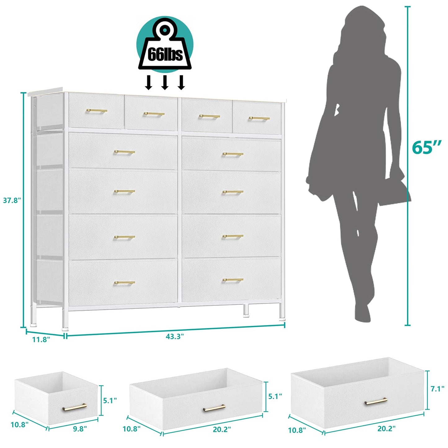 VASICAR Chest of Drawers for Bedroom with 12 Deep Drawers Tall Fabric Dresser, Storage Cabinet for Closet, Nursery, Bedside, Living Room, Entryway, Hallway (White)