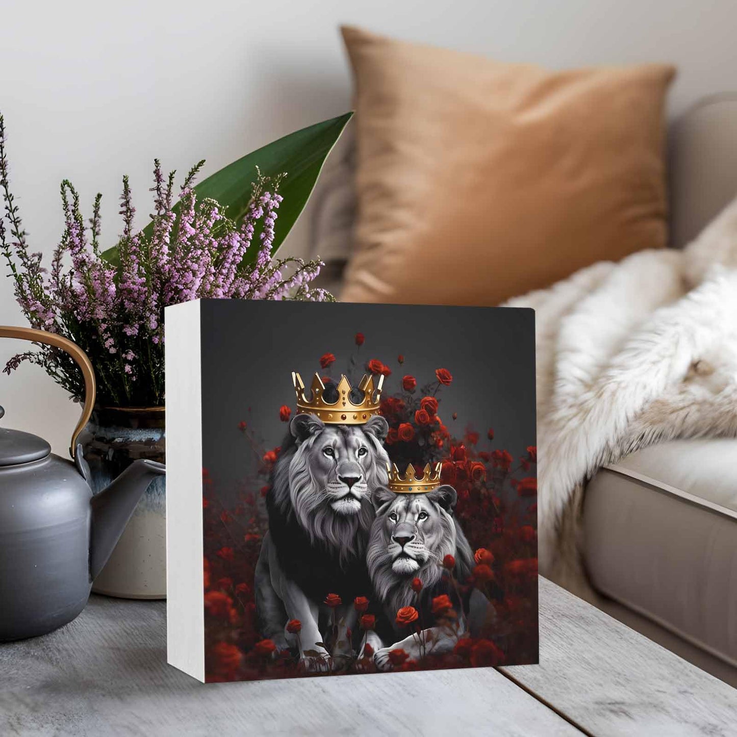 Wood Box Sign Desk Decor Lions King Red Rose Flower Square Boxes Sign, Crowns Black Animal Art Wooden Block Box Sign Decoration for Home Wall Tabletop Shelf Office Decor,6x6IN