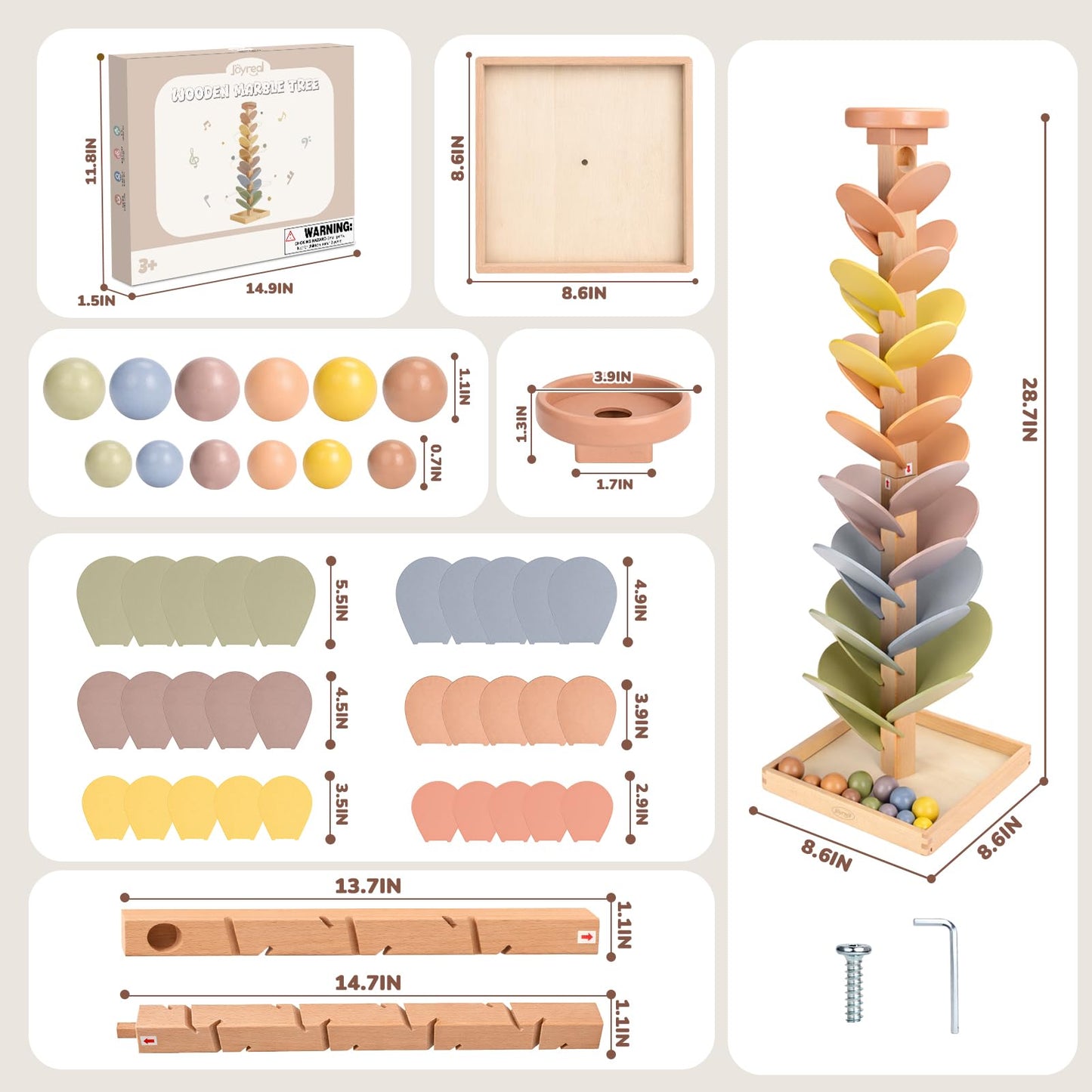 Joyreal Wooden Marble Run Music Tree for Kids 3-5 4-8, Montessori Wooden Ball Drop Toy, Rainbow Marble Tree Tower with Sound Leaves, Educational Learning Birthday Gift