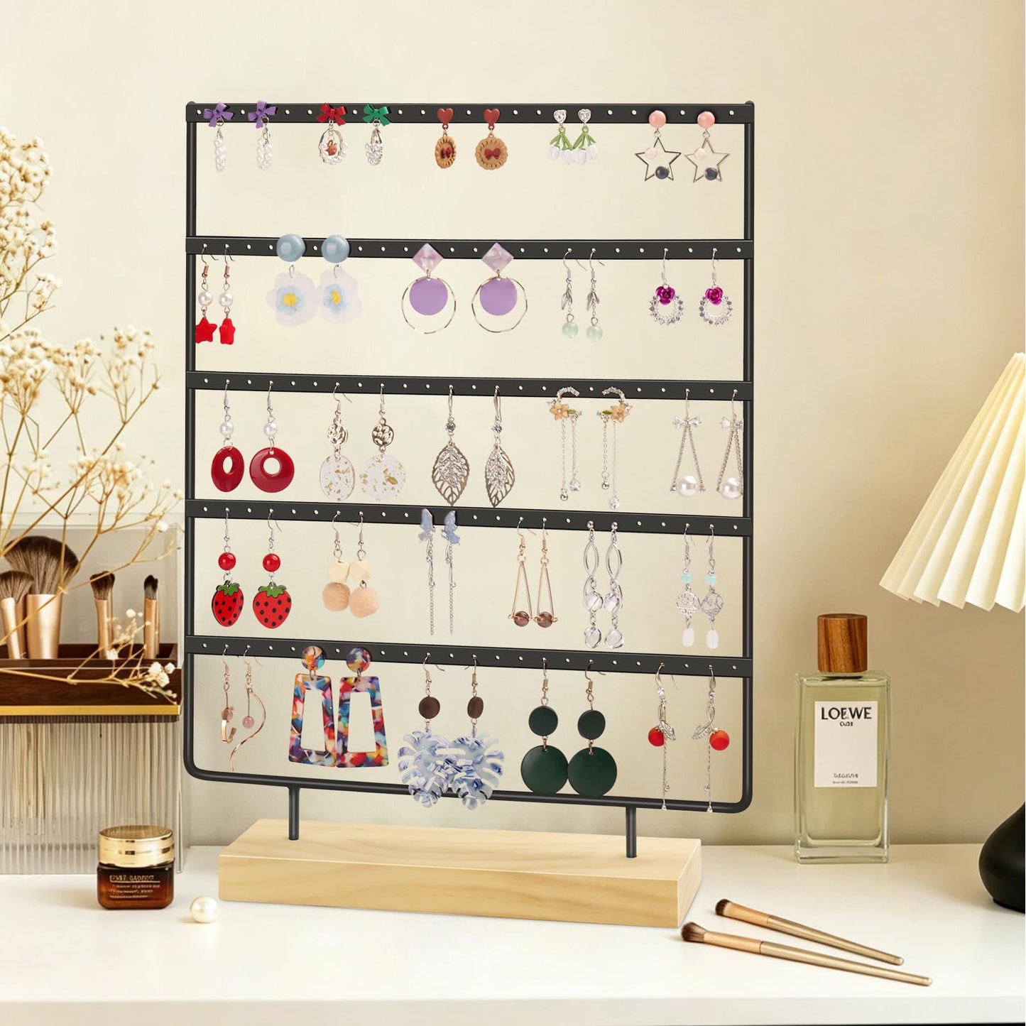 RUINENGDA Jewelry Organizer, 5 Tiers Earring Organizer with 120 Holes for Storing and Displaying Earrings of Various Styles, Models and Sizes, Removable Wooden Base for Home and Store Use