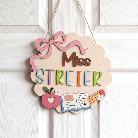 Sliner DIY Teacher Door Sign Classroom Welcome Door Sign DIY Wooden Letter Name Plate with Mr/mrs/miss Personalized Appreciation Teacher Gifts for Back to School Classroom Decor (Bow)