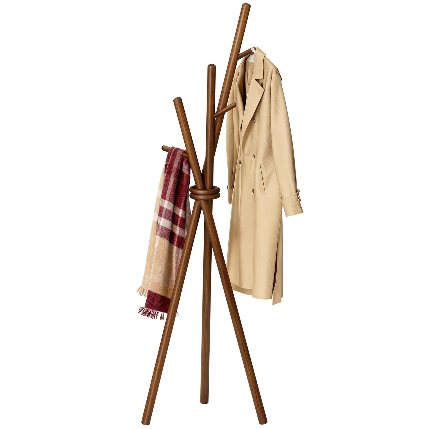 VICITON Wooden Coat Rack, Tripod Coat Tree Freestanding with 3 Hooks for Clothes, Hats and Handbags, Coat Hanger Stand for Bedroom, Living Room, Entryway (Dark)