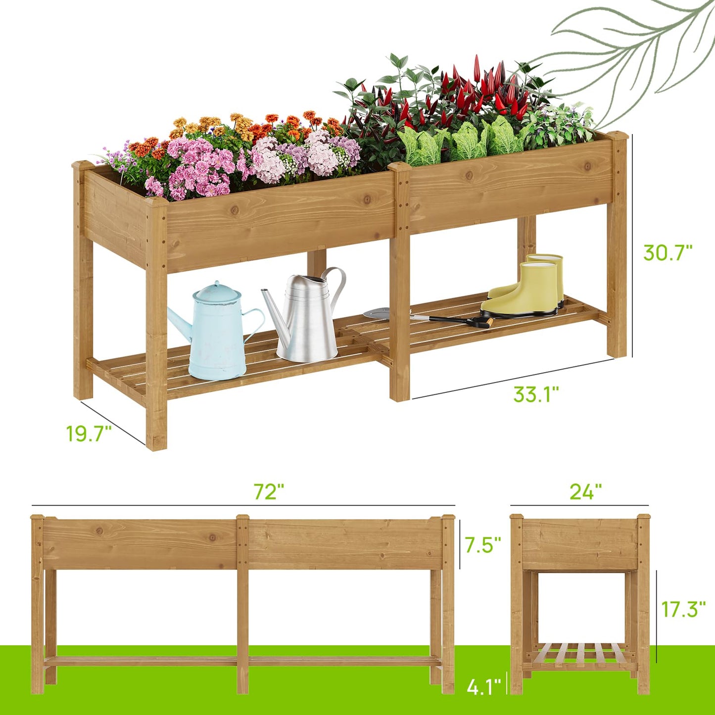 72x24x30.7in Wood Raised Garden Bed with Legs Wooden Planter Box with Storage Shelf Elevated Wood Planter Box for Vegetables Flowers Herbs Garden Planter for Backyard Patio Balcony (Brown, Large)