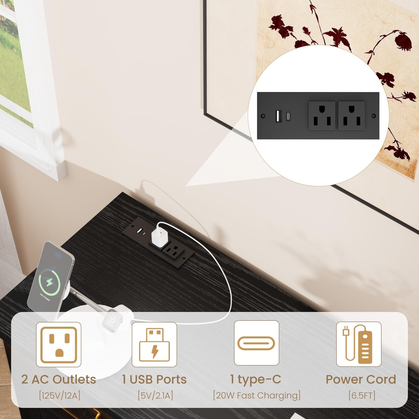 IDEALHOUSE 44.9'' Tall 5 Drawer Dresser with Charging Station & LED Lights