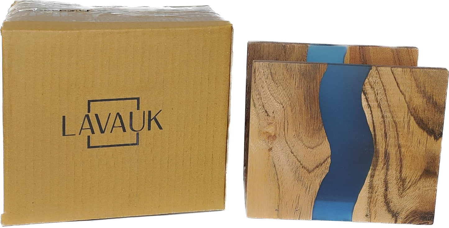 LAVAUK Acacia wood & Transparent Epoxy resin Napkin holder for table, Rustic farmhouse napkin organisation for kitchen, dining, counter tops, restaurant or outdoors | 6x5x2.5 inches| Blue