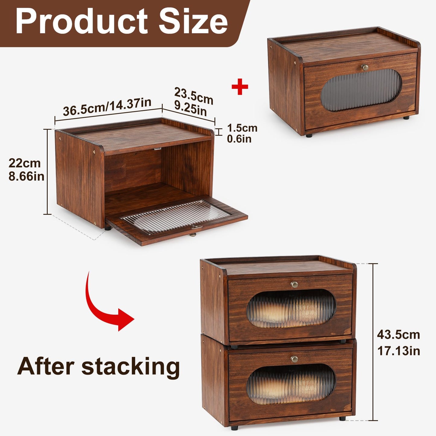 Sunhoo Double Layer Bread Box (L14.4in*W9.4in*H13.4in/Brown) and Single Wooden Bread Storage(L14.37in*W9.25in*H8.66in/Brown) Rustic Bread Keeper Farmhouse Food Organizer Pantry Shelf Acrylic Window