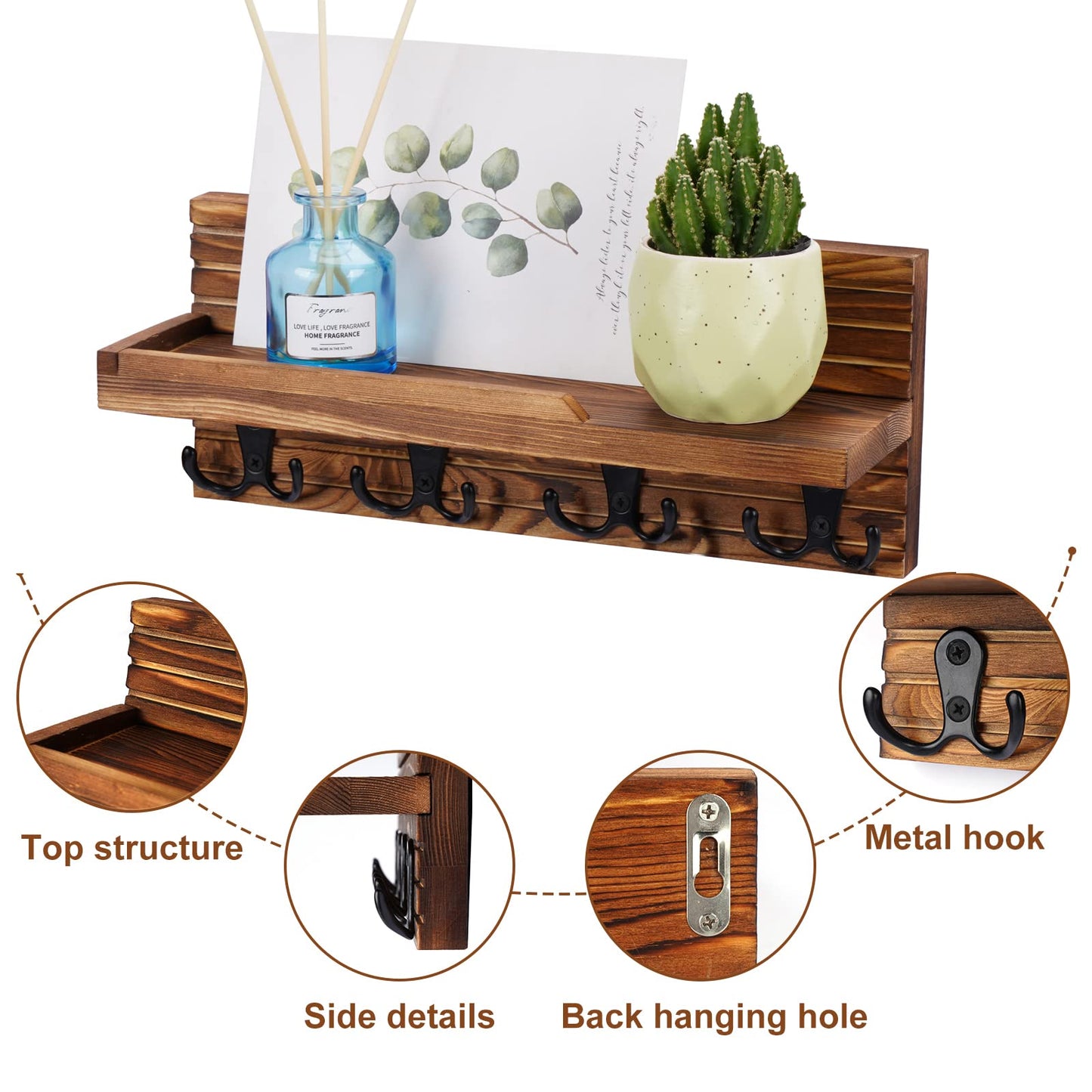 WeBravery Decorative Key Hanging Rack with 4 Double Hooks – Easy Install Natural Wooden Key and Mail Holder for Wall Mount – Entryway Decor Rack with Shelf (Brown)