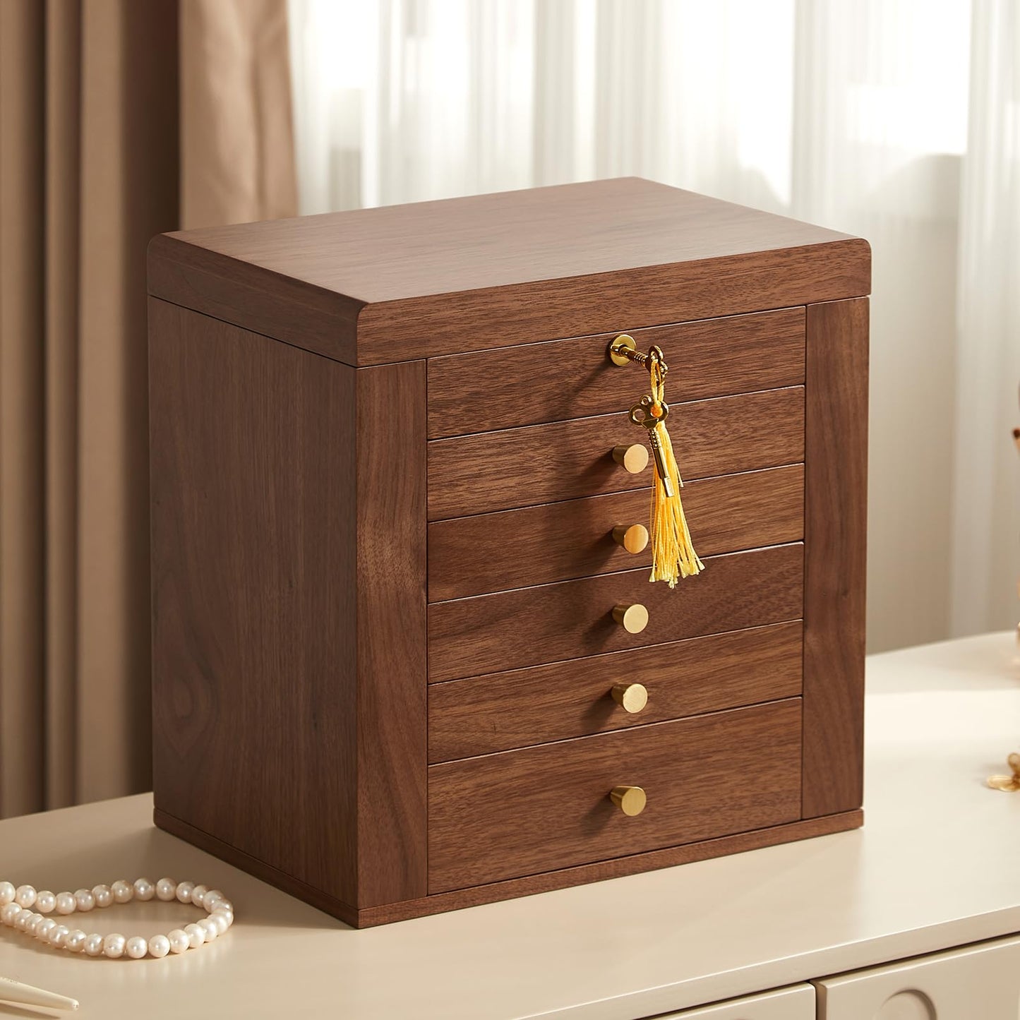 Homruilink Black Walnut Wooden Jewelry Box, Wood Jewelry Organizer with 2 Side Doors Mirror Lockable Classical Style for Watch Necklace Ring Earring Storage, Fathers Day Gift-6 Layer