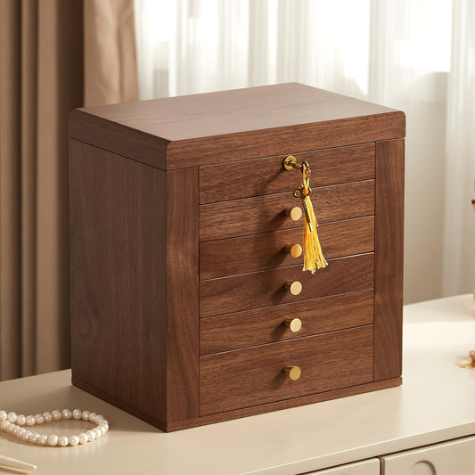 Homruilink Black Walnut Wooden Jewelry Box, Wood Jewelry Organizer with 2 Side Doors Mirror Lockable Classical Style for Watch Necklace Ring Earring Storage, Fathers Day Gift-6 Layer