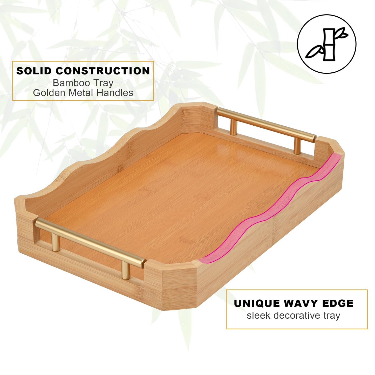Decorative Bamboo Serving Tray Set with Gold Metal Handles, 2 Pack Ottoman Coffee Table Trays, 14.5x9.8 and 15.75x11 Inches (Bamboo Color)