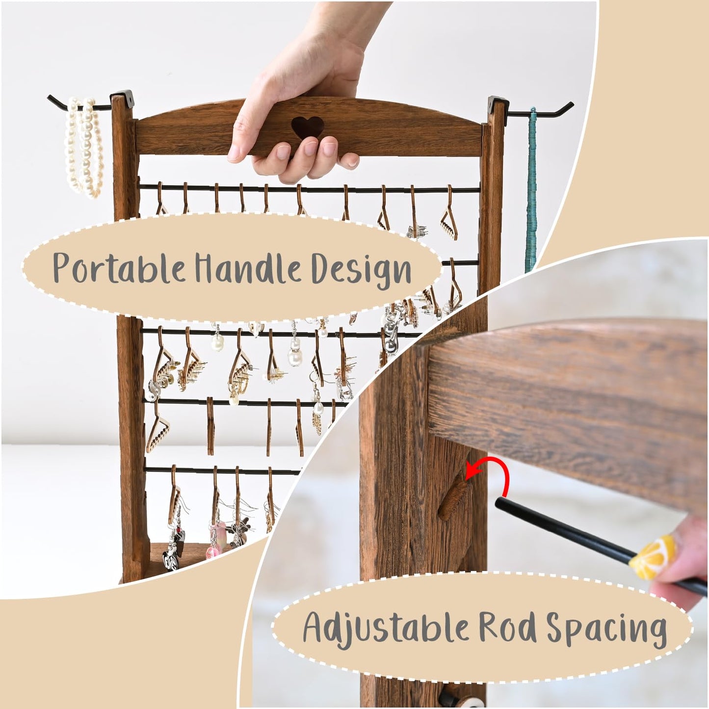 Ikee Design Wooden 120 pairs Earrings Display Stand, Jewelry Necklace Display Rack, Jewelry Organizer with 60 Mini Hangers and 2 Removable Hooks, Brown Color, 12.2W x 4.7D x 16.3H in
