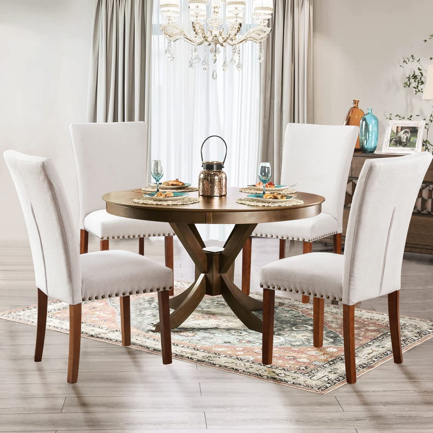 Upholstered Fabric Dining Chairs Set of 2, Parsons Dining Room Kitchen Side Chair with Nailhead Trim and Wood Legs - Beige