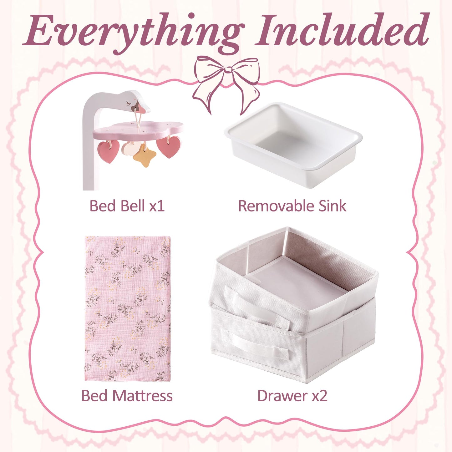 ROBUD Wooden All-in-One Baby Doll Changing Table with Mattress, Removable Sink, 2 Fabric Drawers, Bed Bell, Doll Furniture with Realistic Details for Kids 3+, Fits Dolls Up to 20 in, Pink