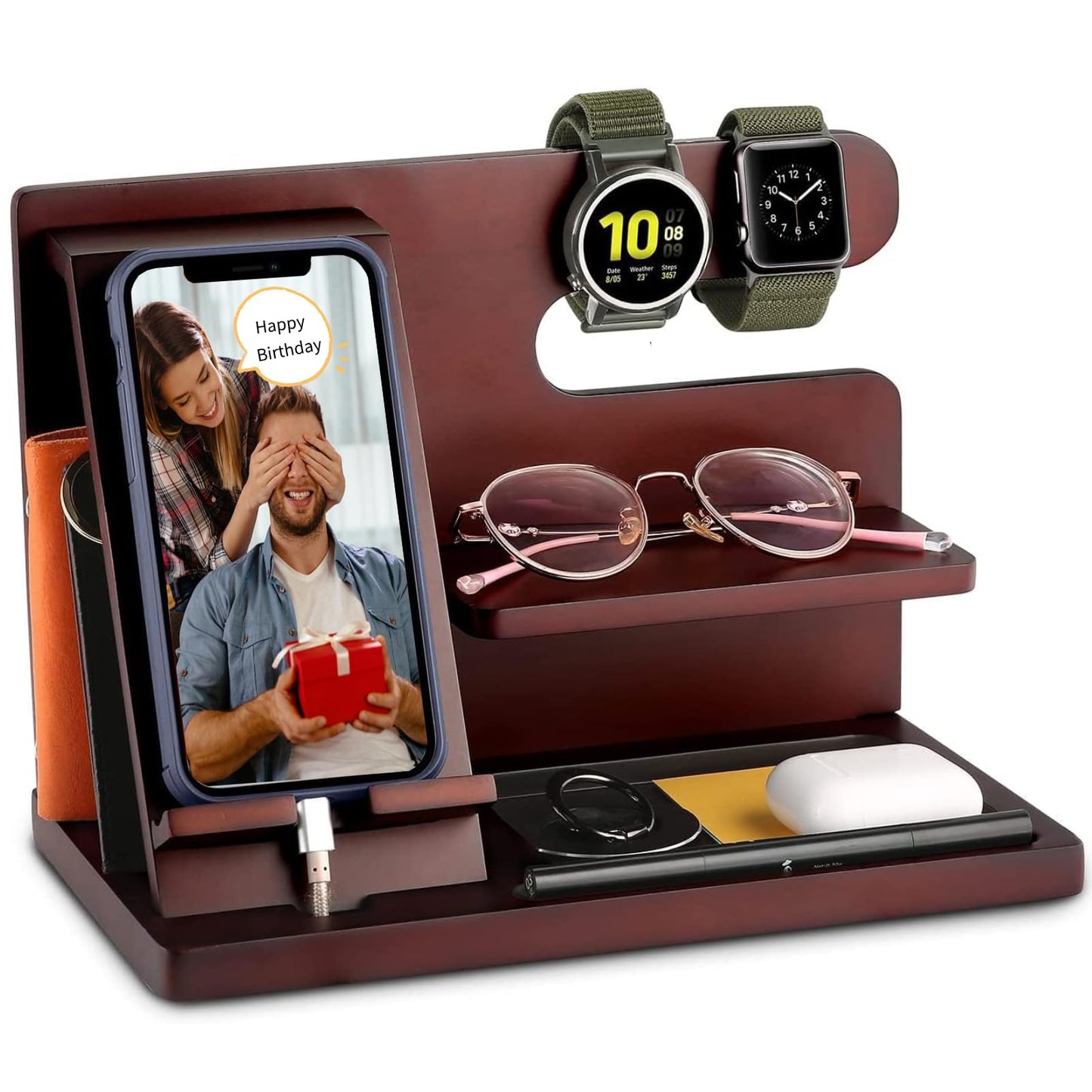 OUTXE Wood Phone Docking Station, Men Gifts Nightstand Organizer for Phone, Keys, Wallet, Glasses, Gifts for Dad's Birthday, Christmas, Father's Day, Anniversary
