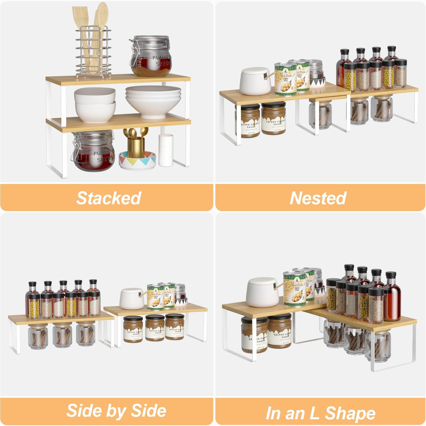 NEX Bamboo Cabinet Organizer Shelf, Set of 2 Kitchen Counter Shelves, Spice Rack, Stackable Kitchen Shelves Organizer, Pantry Cupboard Dish Mug Cup Storage Shelf, White and Natural