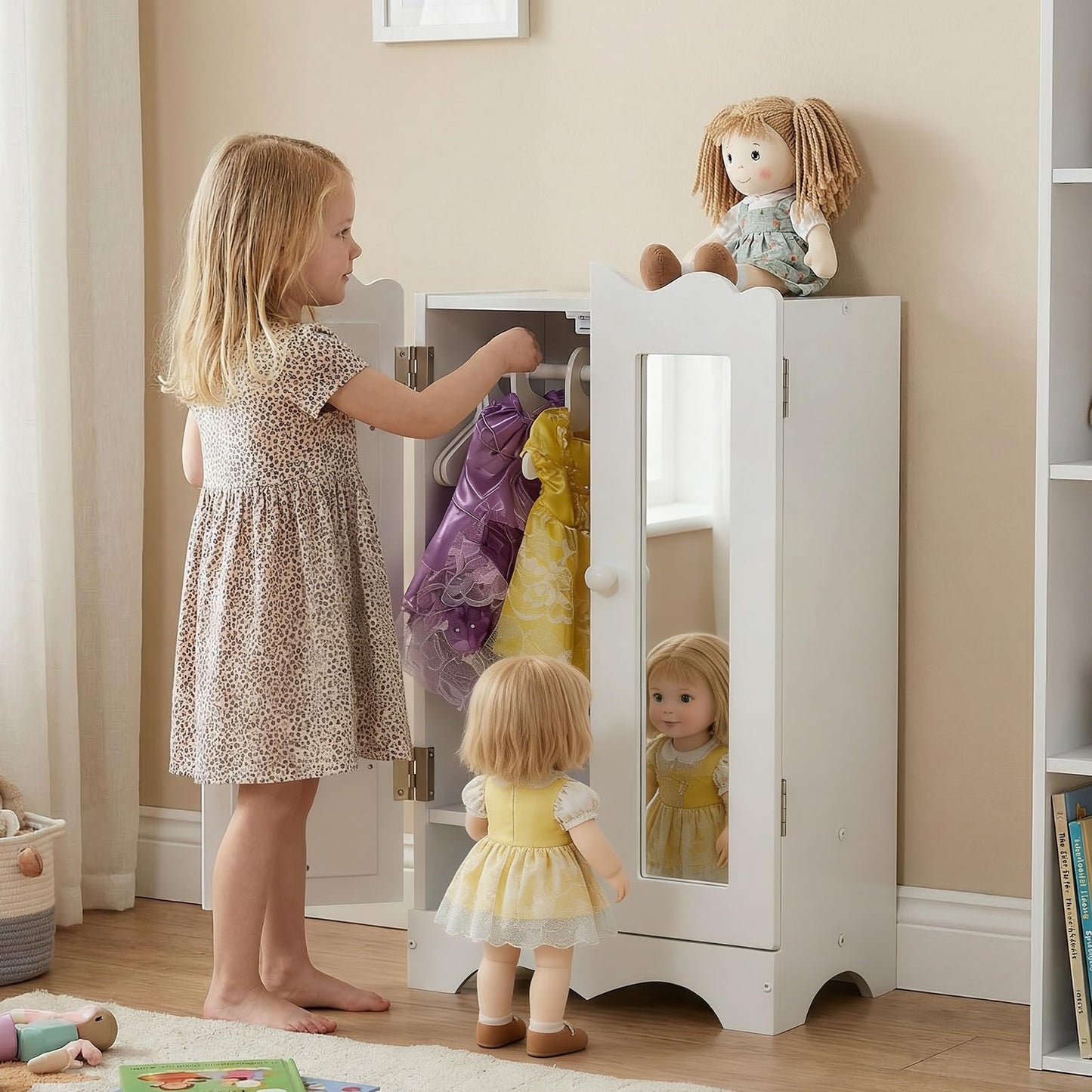 Wooden Doll Clothes Wardrobe with Mirror, 6 Hangers & Storage for 18 Inch Dolls, White Furniture Organizer for American Girl Doll & Barbie, Kids Toy for Organization & Imaginative Play