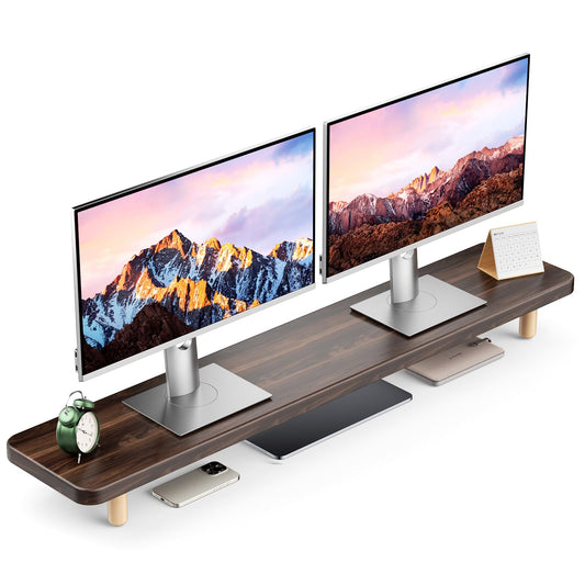 Dual Monitor Stand Riser, 39 Inch Extra Long Wooden Desktop Monitor Riser with Storage for 2 Monitors Ultra Strong Desk Shelf Organizer Riser Ergonomic for 2 Screens/Laptop/PC/TV/Printer (Dark Walnut, 39inches)