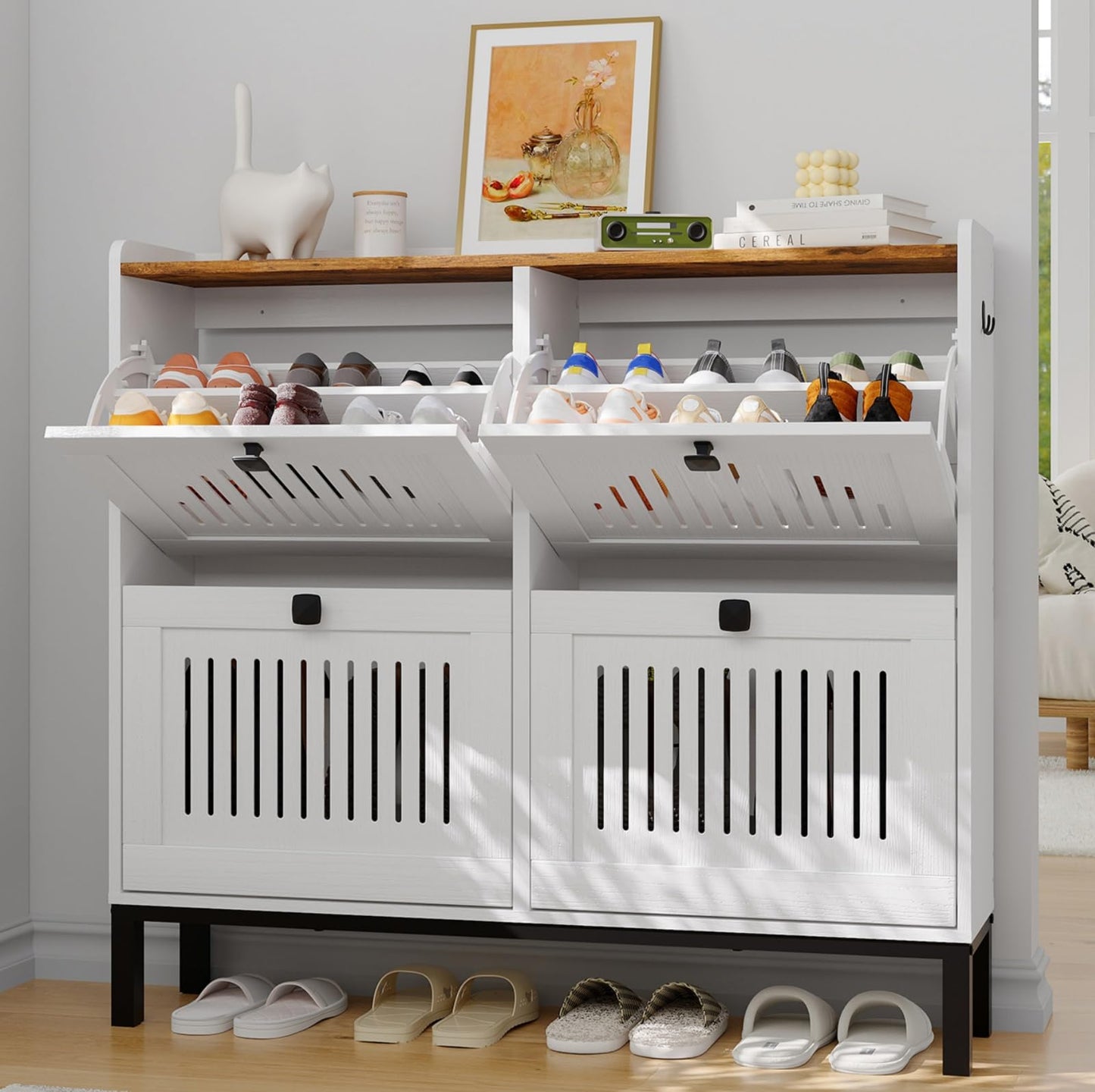 4-Door Flip Front Shoe Cabinet with Adjustable Shelves – Hidden Entryway Storage Organizer for Hallway, Foyer, Living Room – Freestanding Wooden Shoe Rack with Large Capacity & Modern Design, White
